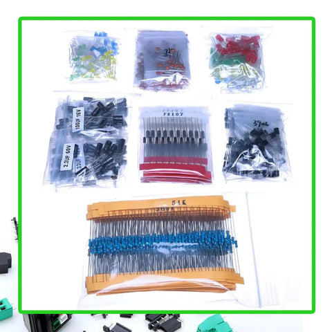 Mega 1500 Piece 7 Value Electronic Component Kit with organized bags of capacitors, resistors, transistors, and LED diodes for DIY projects.