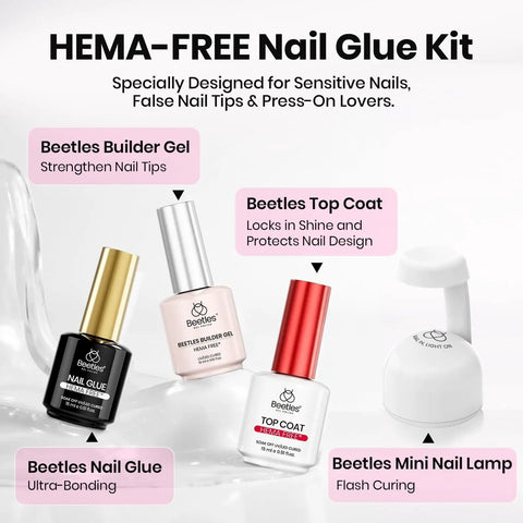 HEMA Free Nail Tips Glue Kit with Builder Gel, No Wipe Top Coat, and Portable USB Nail Lamp displayed on white background.