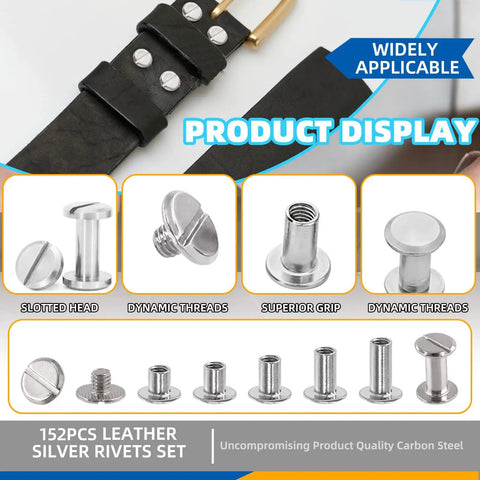 Slick Chicago Screws Assortment Kit Featuring 150 Silver Binding Rivets 5mm To 12mm Plus 4mm Flat Heads, showing various styles.
