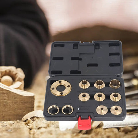 Solid Brass Router Template Bushing Guide Set With Eight Exact Measurements For Woodworking Flip Plates and Trimming Machines. Brass guide kit in case.