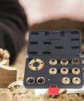 Heavy Duty 11 Piece Brass Router Template Bushing Guides With Storage Box For Woodworking Trim Tools, showing brass bushings in case.
