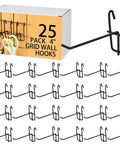 4 Inch Grid Wall Hooks Set 25 Pcs Stainless Steel Grid Panel Hangers for Wall Mount Storage, black, shown in packaging and spread out.