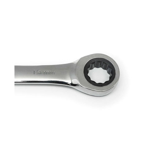 Close-up of 15 mm wrench from 30 Piece 12 Point Ratcheting Wrench Set SAE And Metric 1/4 To 1 Inch And 8-24 mm with chrome finish slim head.