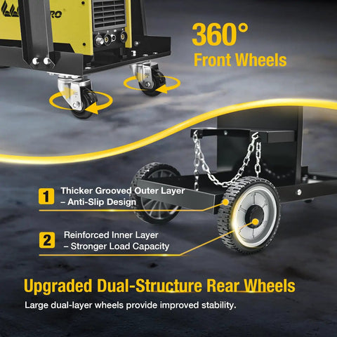 Close-up of Heavy Duty 3 Tier Welding Cart For MIG TIG Plasma Cutter With 400 Lbs Capacity showing 360 swivel wheels.