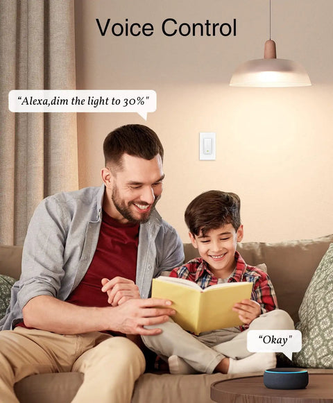 Family using Smart Dimmer Switch That Works With Alexa And Google Home For Single Pole 2.4GHz WiFi Dimming Of LED And CFL Bulbs