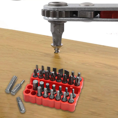 Solid 33 Piece Screwdriver Bit Kit Made From Tough 45# Steel Perfect For Torx Spanner Hex Star Driver Bits With Holder Rod For Your DIY Repair Jobs And Home Upgrade Projects In A Super Durable Gray Finish, 33-piece bit set on red holder