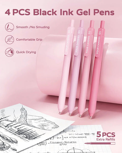 All In One Back To School Supplies Set With Case Including Black Ink Gel Pens styled on pink background, 5 extra refills visible