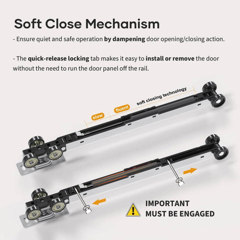 Six Foot Soft Close Pocket Door Hardware Kit With Aluminum Box Rail, Concealed Track, smooth closing mechanisms shown