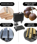 Knock Out Any Quick Drill Job With Compact Bench Drill Press powered by reliable copper motor, showing wood, aluminum, bead, and copper drilling.