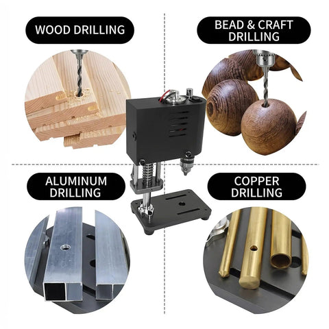 Knock Out Any Quick Drill Job With Compact Bench Drill Press powered by reliable copper motor, showing wood, aluminum, bead, and copper drilling.