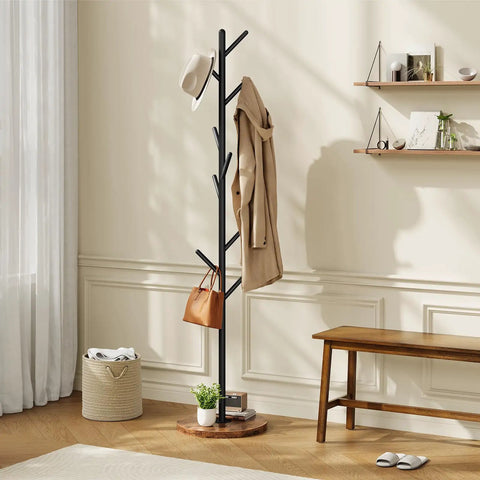 Coat Rack With Nine Hooks Freestanding Metal Hall Tree With Wooden Base For Entryway Space Saving Coat Hanger Stand Heavy Duty Rustic Brown Finish With Thickened Base in living room setting.