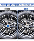 Four Pack Dope American Flag Wheel Center Caps 56Mm shown before and after installation on car wheels.