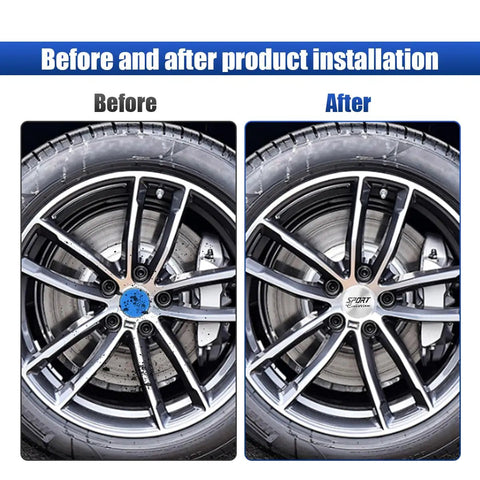 Four Pack Dope American Flag Wheel Center Caps 56Mm shown before and after installation on car wheels.
