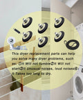 DIY Dryer Roller Replacement Kit Fits Popular Dryers 4581EL2002C, rollers, pulley, belt, and spring displayed on laundry background