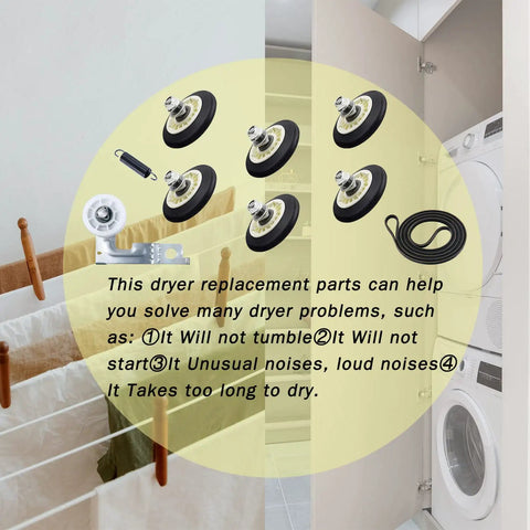 DIY Dryer Roller Replacement Kit Fits Popular Dryers 4581EL2002C, rollers, pulley, belt, and spring displayed on laundry background