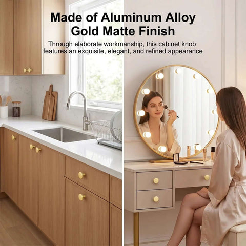 Gold Cabinet Knobs Bulk Pack 50 Pcs 1-1/6 Inch 30mm Drawer Pulls installed on kitchen and vanity drawers, elegant style