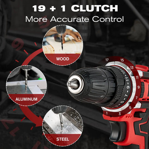 43 Piece Power Tool Set Combo Kit With 21V Cordless Drill Driver showing 19 plus 1 clutch control for precise drilling.