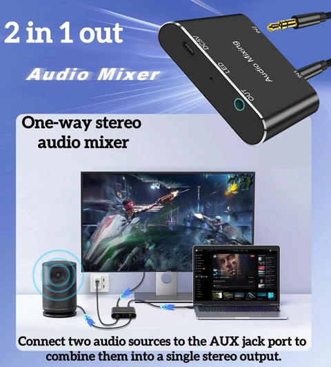 Two Channel Stereo Audio Mixer With Aluminum Shell 3 Point 5mm Input Output Tiny Pocket Studio Interface shown with laptop and speaker