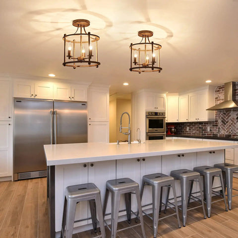Three Light Farmhouse Vintage Semi Flush Mount Ceiling Light Fixture in Rustic Oil Rubbed Bronze Metal above kitchen island