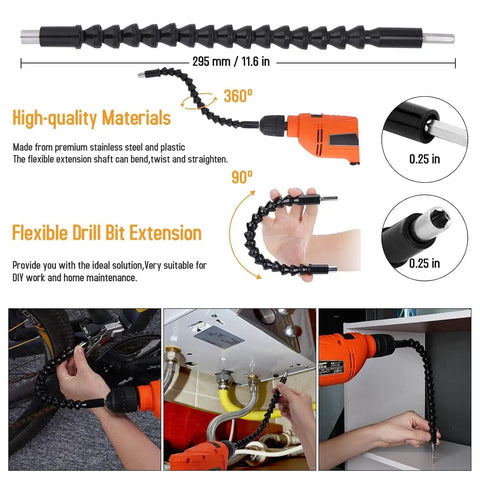 Flexible Drill Bit Extension Set For Home DIY Bendable 105 Degree Right Angle Attachments Universal Socket Adapters 1/4 3/8 1/2 Inch Includes Screwdriver Bits And Bit Holders Great Gift For Men shown with usage examples under cabinets and in tight spots.