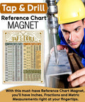 Top Drawer Metric Tap And Drill Magnet Chart Retro 8.5X11 Thread Size Reference For Tool Cabinet and Workshop Bench Garage with worker and drill.