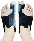 Overnight Bunion Corrector For Men And Women, Big Toe Straightener Night Splint, shown on feet with memory steel plates.