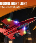 Foam RC Plane For Kids And Adults, Easy To Fly With Gyro Stabilizer, colorful lights in night sky, city buildings backdrop
