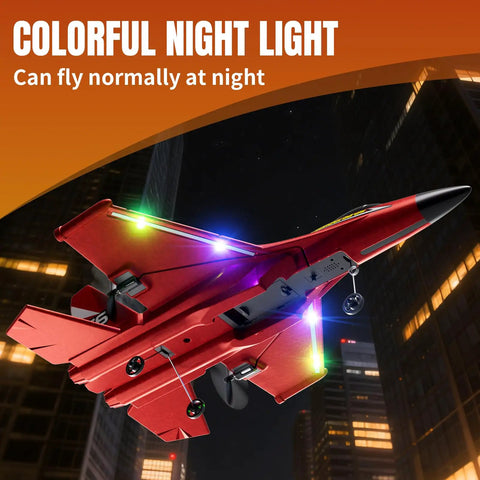 Foam RC Plane For Kids And Adults, Easy To Fly With Gyro Stabilizer, colorful lights in night sky, city buildings backdrop