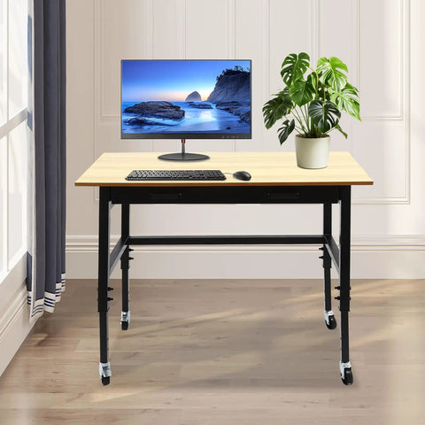 Heavy Duty Rolling Workbench Adjustable Height Rock Solid Steel Base Durable Hardwood Top Smooth Glide Casters Tool Cart For Garage Workshop Home Flex Setup with computer and plant on it.