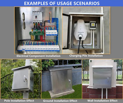 Stainless Steel Outdoor Electrical Box With Mounting Plate, Weatherproof Enclosure used in various installation scenarios.