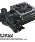 650W 80 Plus Gold Certified Non Modular ATX Power Supply With 6 Plus 2 Pin Connectors PFC Protection and RoHS Compliance 120mm Fan GN650 Black, non-modular cable design displayed.