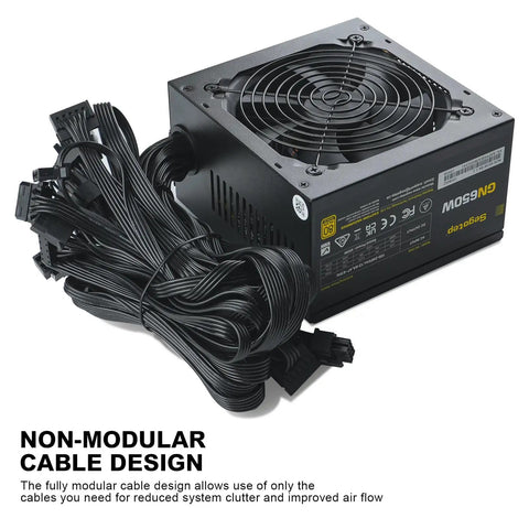 650W 80 Plus Gold Certified Non Modular ATX Power Supply With 6 Plus 2 Pin Connectors PFC Protection and RoHS Compliance 120mm Fan GN650 Black, non-modular cable design displayed.