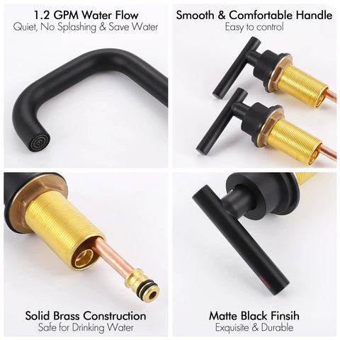 Detailed features of Matte Black Widespread Bathroom Faucet, 8 Inch Three Hole Modern Vanity Sink With Two Handles, Solid Brass Construction