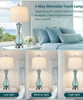 Coastal Glass Table Lamp Set Of 2, 27.5 Inch Blue Nautical Bedside Lamps With White Linen Shade in bedroom, 3-way dimmable light settings