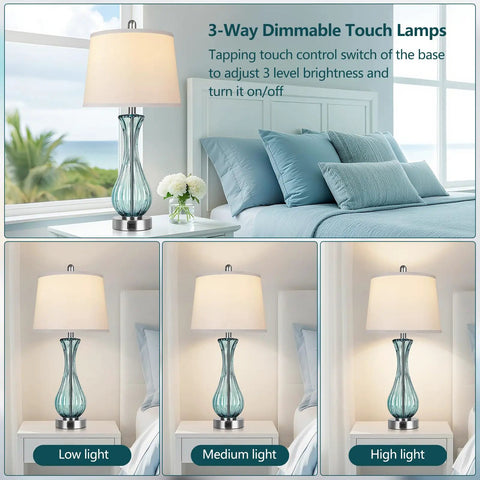 Coastal Glass Table Lamp Set Of 2, 27.5 Inch Blue Nautical Bedside Lamps With White Linen Shade in bedroom, 3-way dimmable light settings