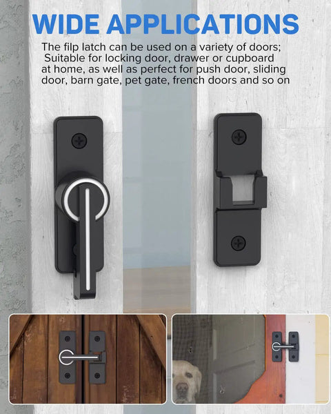 Wide applications of Built Tough Heavy Duty Zinc Alloy Gate Latch Lock for various doors, shown in matte black on different panels.