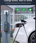 Heavy Duty Level 2 Electric Vehicle Charger With 32 Amp Power And A No Fuss Nema 14 50 Plug For Smooth Tesla Juice Up Routines Right In Your Garage At Home, installed and charging Tesla in rain.
