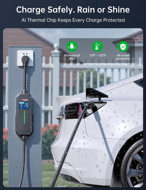 Heavy Duty Level 2 Electric Vehicle Charger With 32 Amp Power And A No Fuss Nema 14 50 Plug For Smooth Tesla Juice Up Routines Right In Your Garage At Home, installed and charging Tesla in rain.