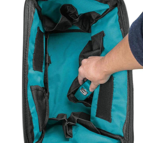 Interior view of a Heavy Duty 14 Inch Contractor Tool Bag With Industrial Fabric, showing reinforced handles and durable zipper design.