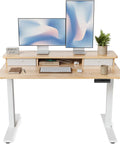 Fezibo 48 By 24 Electric Standing Desk With Double Drawers Maple Finish Height Adjustable Ergonomic Home Office Computer Table with dual monitors.