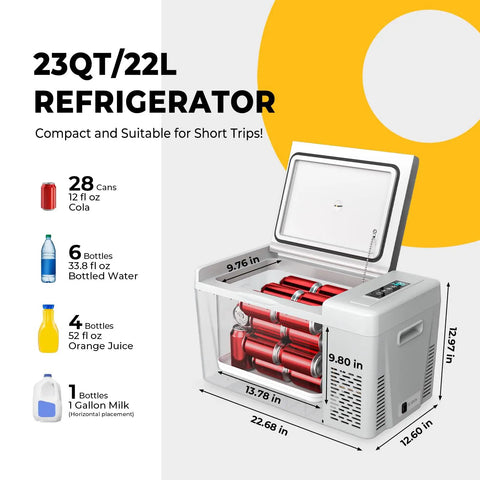 Road Trip Ready 23 Quart Portable Car Fridge With 12V 24V DC And 110 To 240 Volt AC Power open displaying cans inside