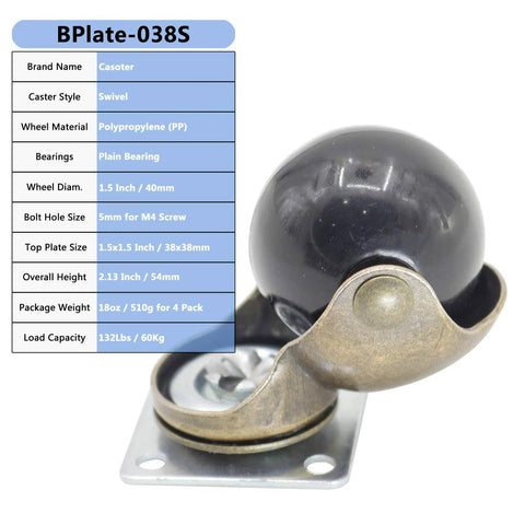 Antique Gold 1.5 Inch Furniture Caster Wheel with Screws Swivel Top Plate 40mm Wheel Diameter Package Details