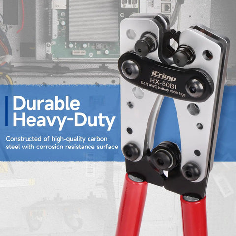 Beast Mode Heavy Duty Cable Lug Crimping Tool For AWG 8 To 1/0 Battery Cables Copper And Aluminum Lugs Compatible No Welding Required Embossed AWG Size After Crimp For Quick Visual Check, showing durable carbon steel build with red handles.