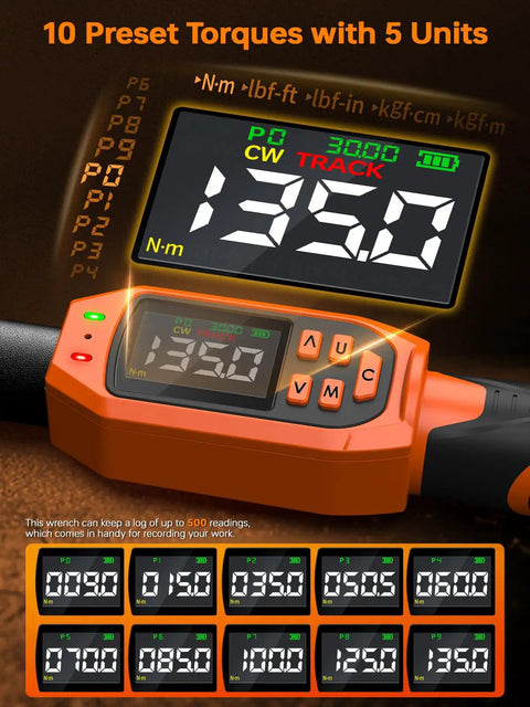 Digital Torque Wrench 3/8 Drive With 5-99.5 Ft-Lb Range, 6.7-135 Nm, 1% Accuracy, Electric LCD Readout