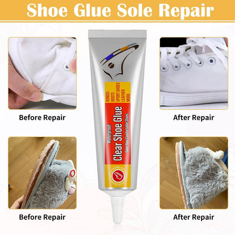 Waterproof Shoe Glue Kit For Sole Repair With Slow Drying Adhesive For Sneakers Boots Leather Bags And Heels Fix, Flexible Pro Grade Bond That Fully Cures In 24 Hours, Easy To Use And Durable tube with before and after repair shoes.