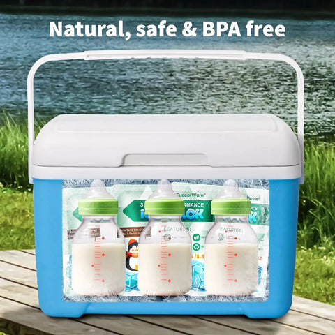 Cooler with baby bottles and Five Pack Reusable Ice Packs For Lunch Boxes And Coolers, 12 Plus Hour Cooling Gel Packs visible