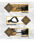 Heavy Duty Square Shovel With 27 And A Half Inch Steel Blade And Wood Handle 45 HRC Hardness Knurled D Handle 8 Inch By 6 Inch Scoop shown with durability and ergonomic features.