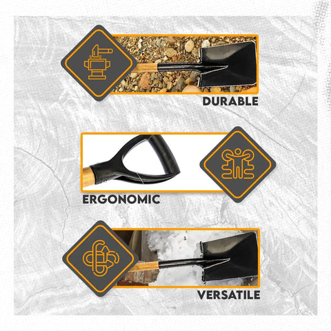 Heavy Duty Square Shovel With 27 And A Half Inch Steel Blade And Wood Handle 45 HRC Hardness Knurled D Handle 8 Inch By 6 Inch Scoop shown with durability and ergonomic features.