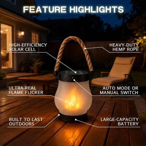 Solar Lantern Outdoor Lights With Realistic Dancing Flame Effect for Camping and Patio Use, shown on a wooden table at night