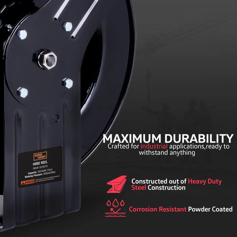 Close-up of Industrial Retractable Air Hose Reel Three Eighth Inch By Fifty Feet Premium Hybrid Polymer Hose With Steel Construction.